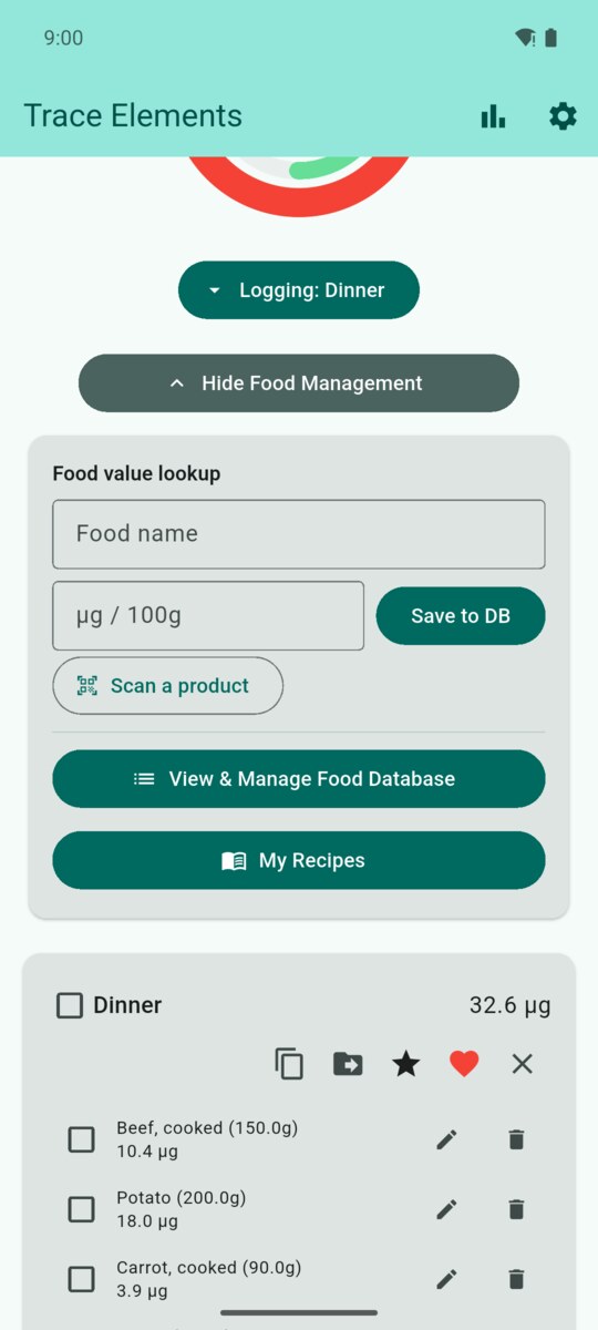 Food Management panel with the Food name field, value field, Save to DB, Scan a product, and buttons for the database and recipes