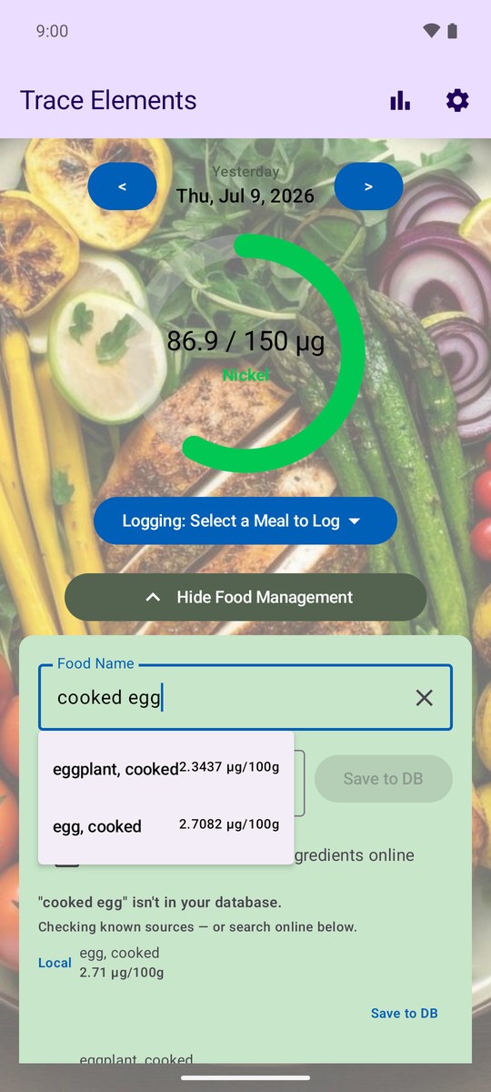 Food search autocomplete matching a typed food name