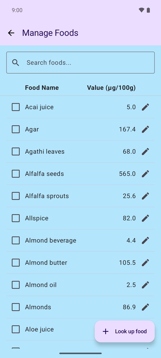 Manage Foods screen with a searchable list of foods, values, and a Look up food button