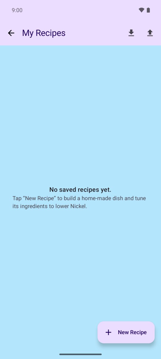 Empty My Recipes screen with a New Recipe button