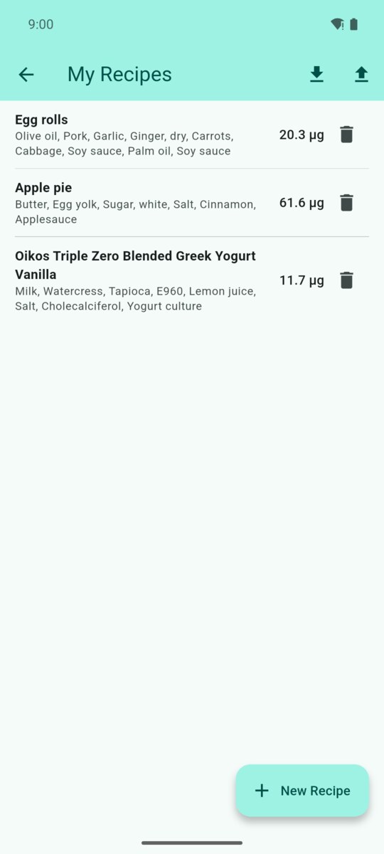 My Recipes screen listing saved recipes with their ingredients and totals, import and export icons, and a New Recipe button