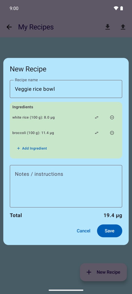 Recipe builder with a name, two ingredients showing swap and remove controls, and a running total