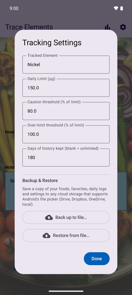 Tracking Settings dialog with element, limit, thresholds, history and backup options
