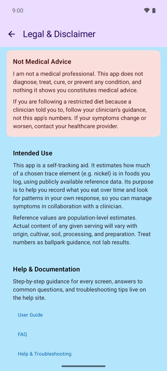 The app's Legal & Disclaimer screen