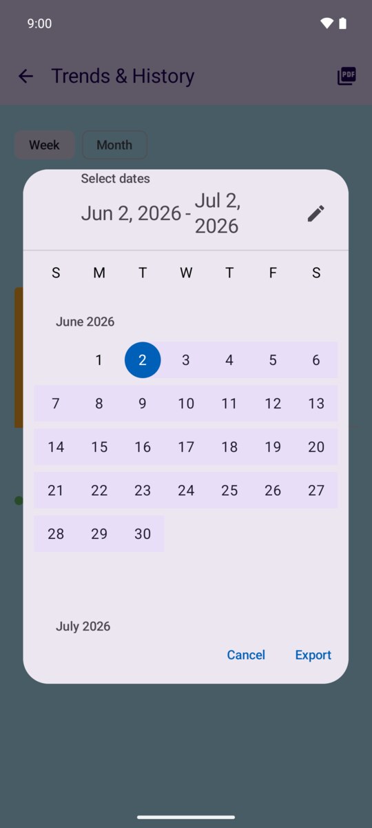 Date-range picker for exporting a PDF report