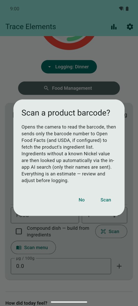 Scan a product barcode consent dialog describing what is sent to Open Food Facts and the automatic follow-up lookup
