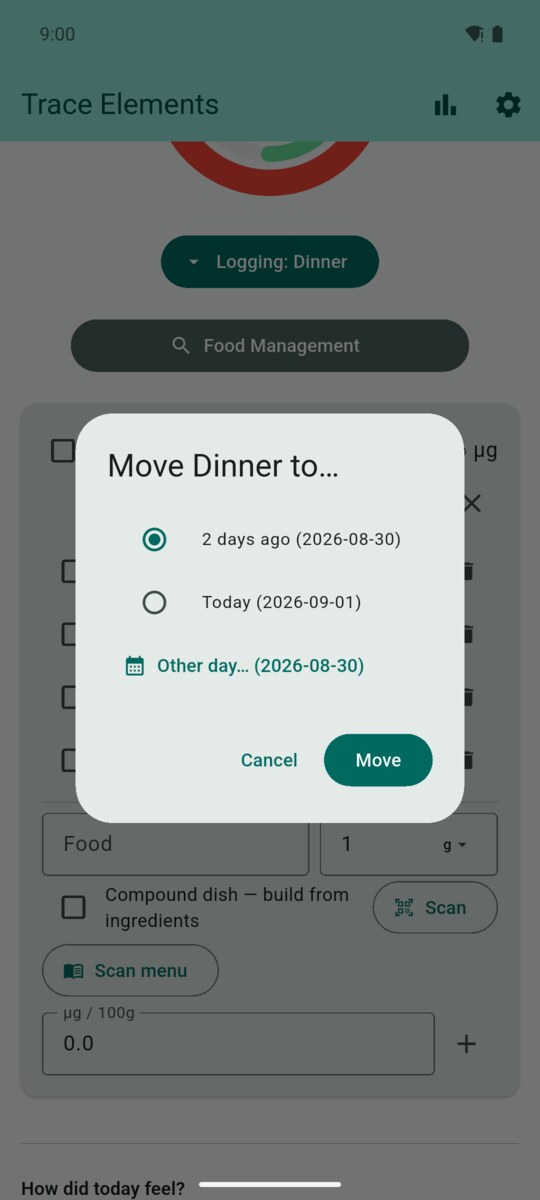Move Dinner to another day dialog with quick date choices and an Other day calendar option