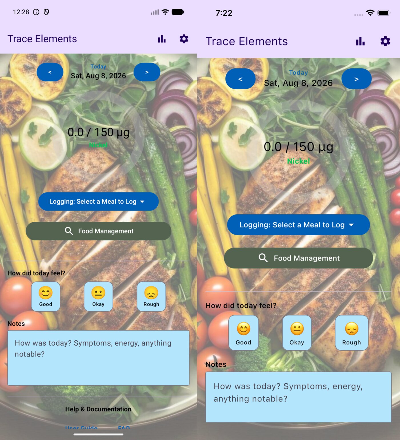 Trace Elements 1.11 home screen running side by side on Android and iOS with identical layout