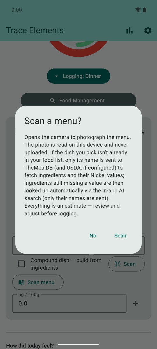 Scan a menu consent dialog explaining that the photo is read on the device and never uploaded