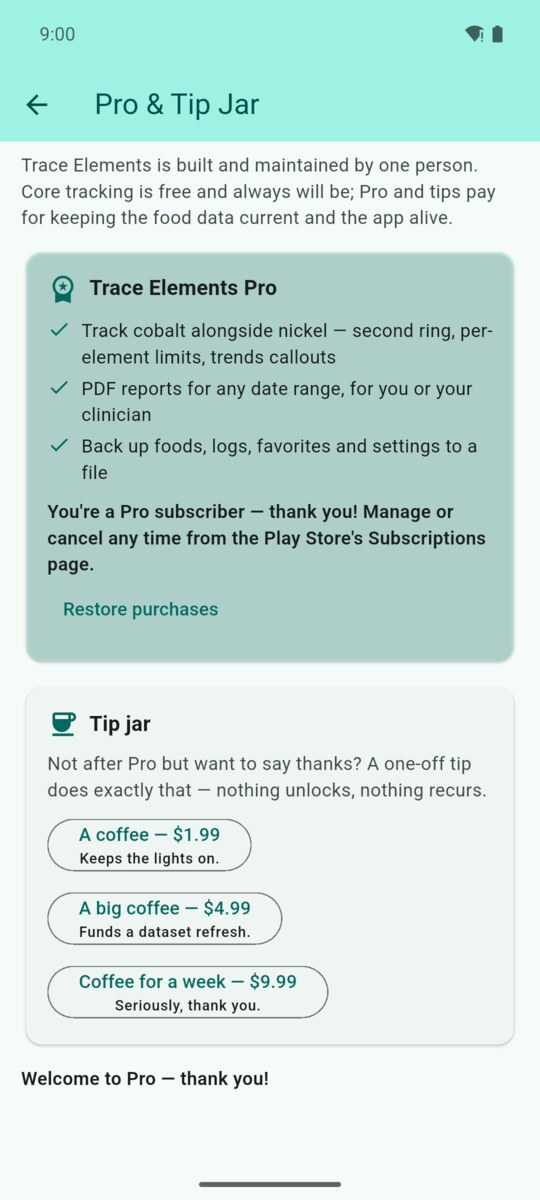 Pro and Tip Jar screen listing the Pro features, subscription status, Restore purchases, and three tip options
