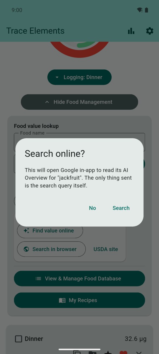 Search online consent dialog explaining that only the search query is sent