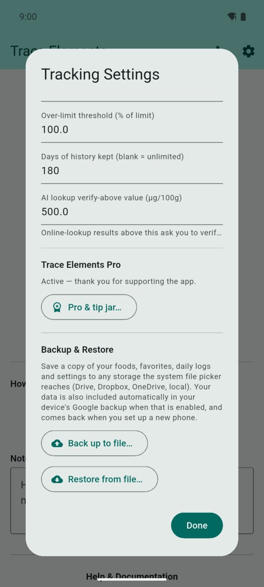 Lower half of Tracking Settings showing the Pro status and the Backup and Restore section with its two buttons