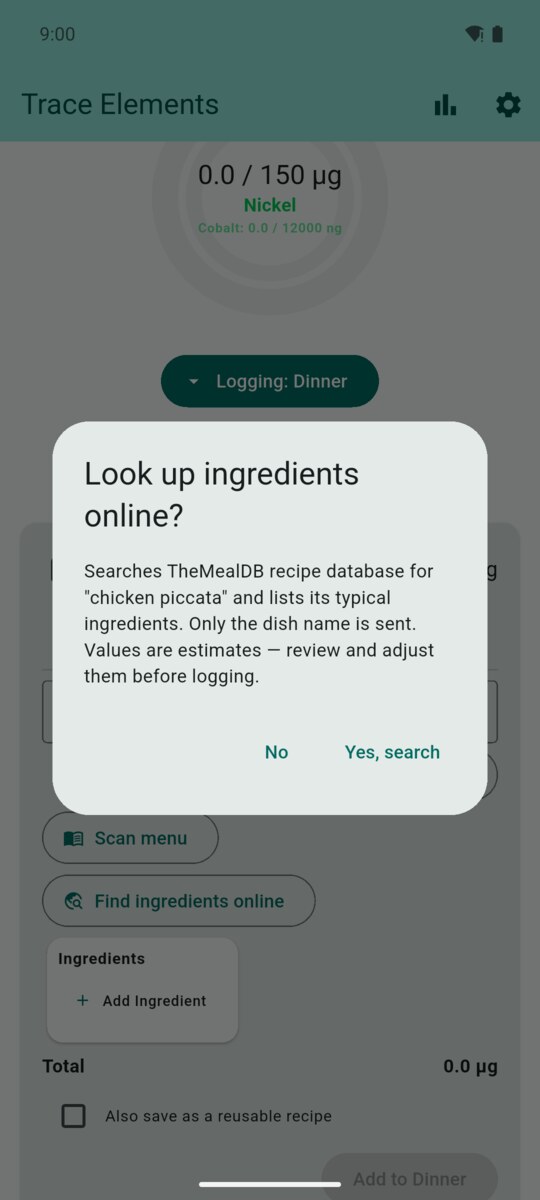 Look up ingredients online consent dialog naming TheMealDB and the dish being searched