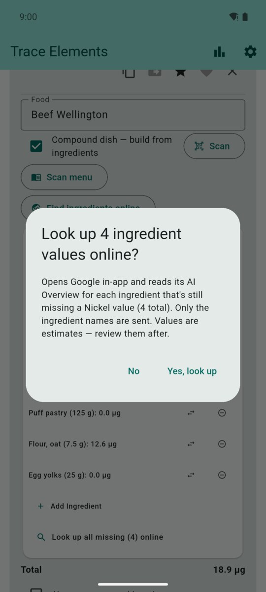 Consent dialog for looking up four ingredient values online, stating that only the ingredient names are sent
