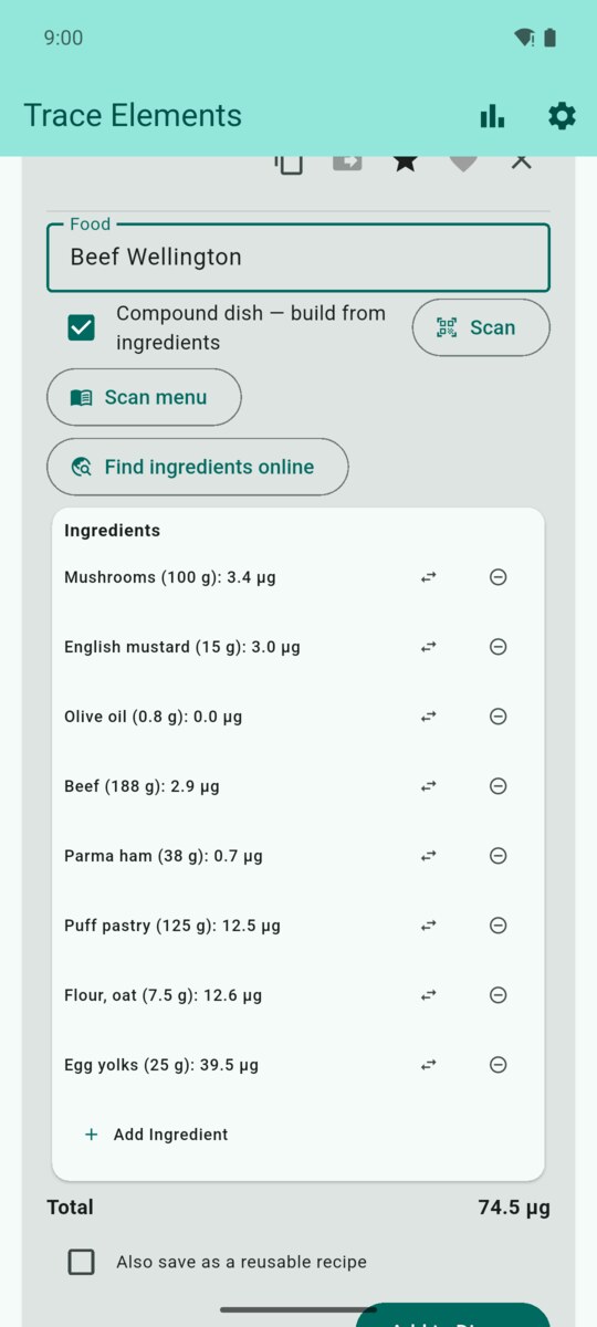 Compound dish builder with every ingredient priced after a one-tap batch lookup