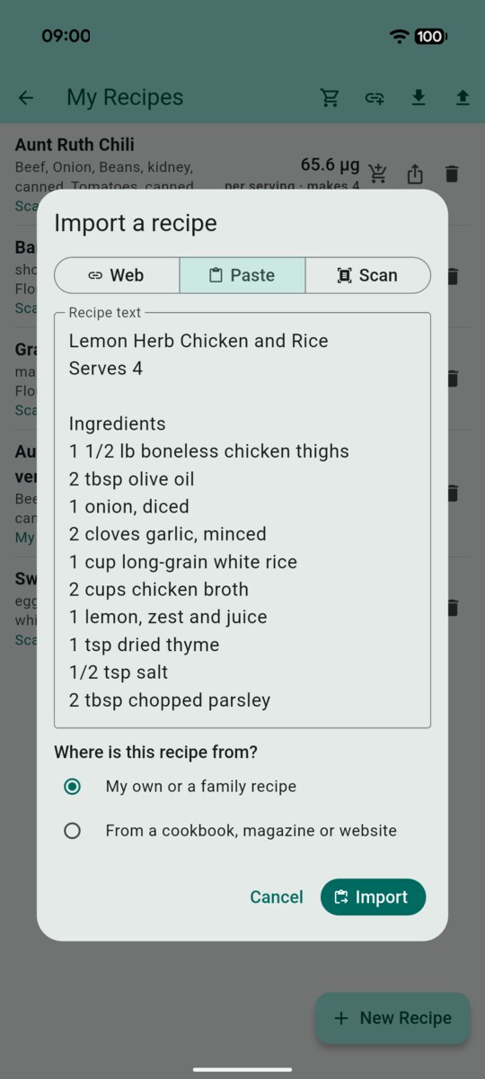 Import a recipe dialog on the Paste tab with a recipe's name, servings and ingredient lines pasted in, and a choice between my own or family recipe and a cookbook, magazine or website