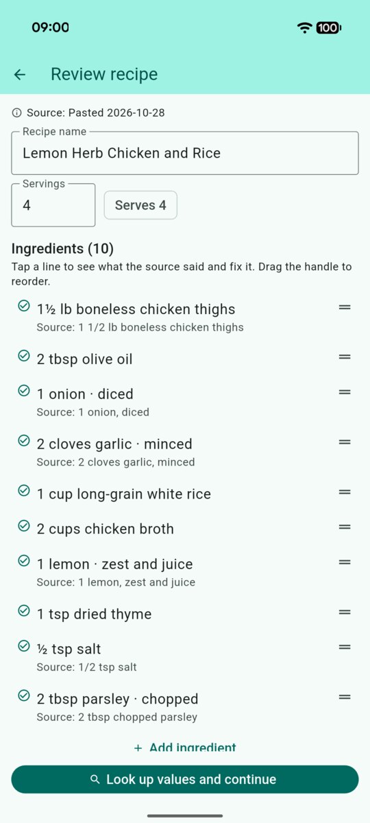 Review recipe screen listing each imported ingredient line with the source text underneath