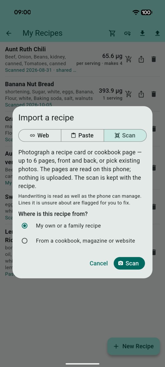 Import a recipe dialog on the Scan tab explaining that up to six pages are read on the phone and nothing is uploaded