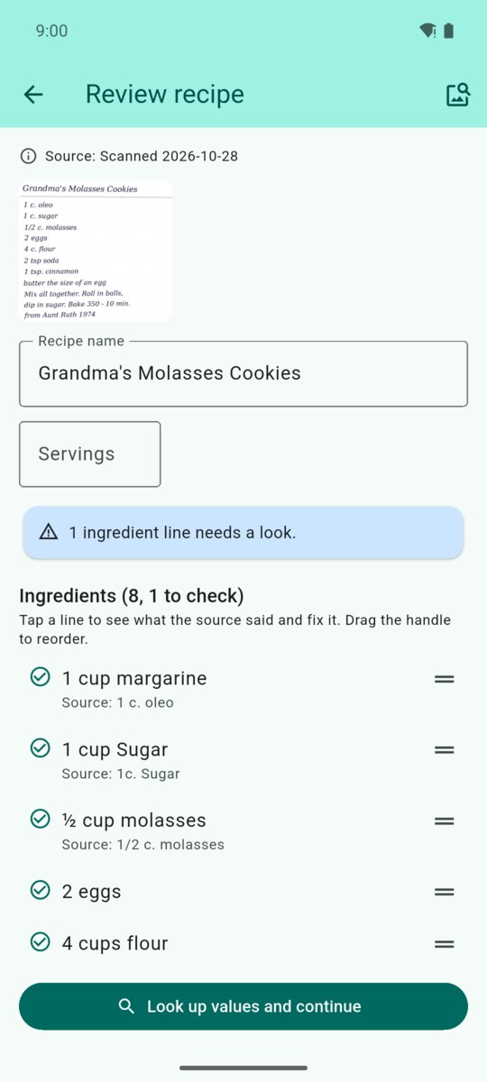 Review recipe screen for a scanned recipe card with a thumbnail of the card, the recipe name, a banner saying one ingredient line needs a look, and oleo read as margarine