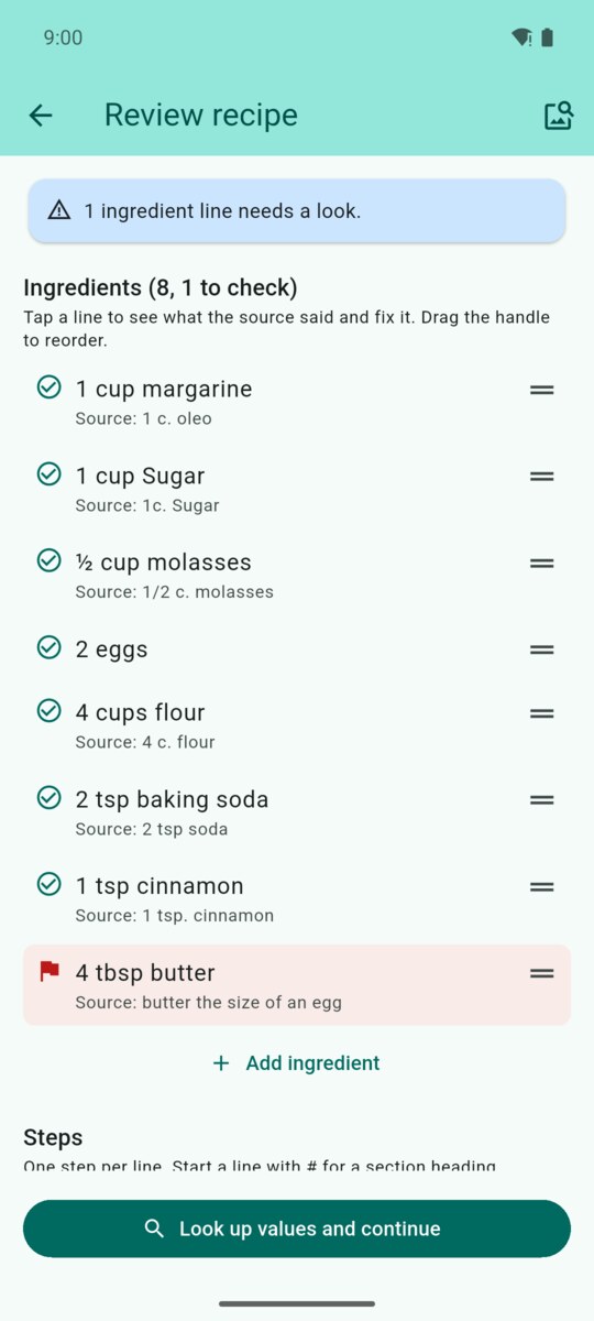 Scanned recipe card ingredients with butter the size of an egg read as 4 tablespoons and flagged for review