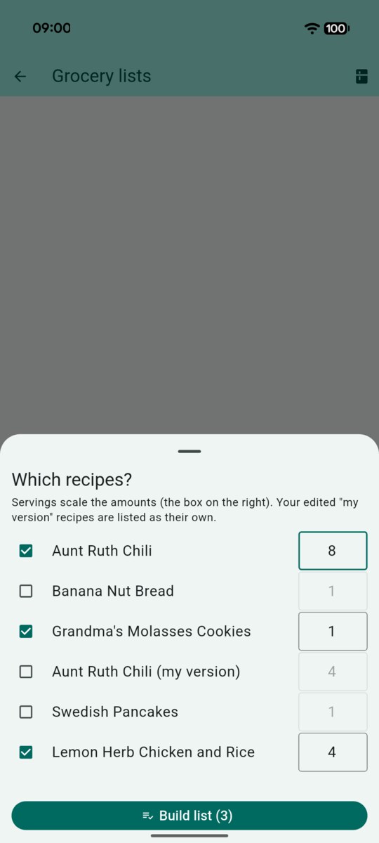 Which recipes picker with three recipes ticked and a servings box beside each, the chili set to eight servings, and a Build list button