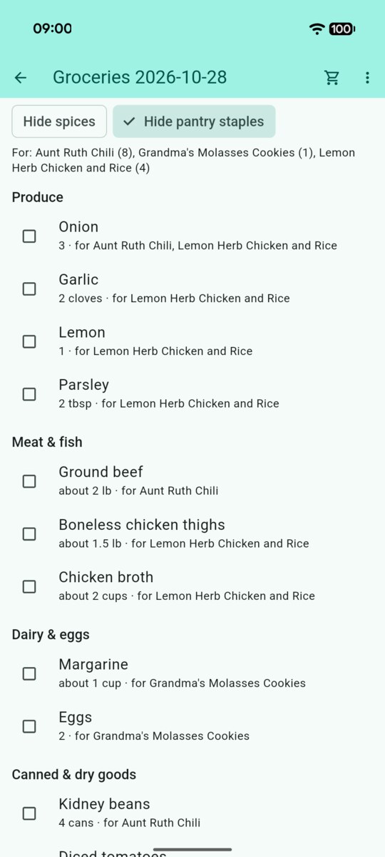 Grocery list grouped by aisle with each line showing its amount and the recipes that need it