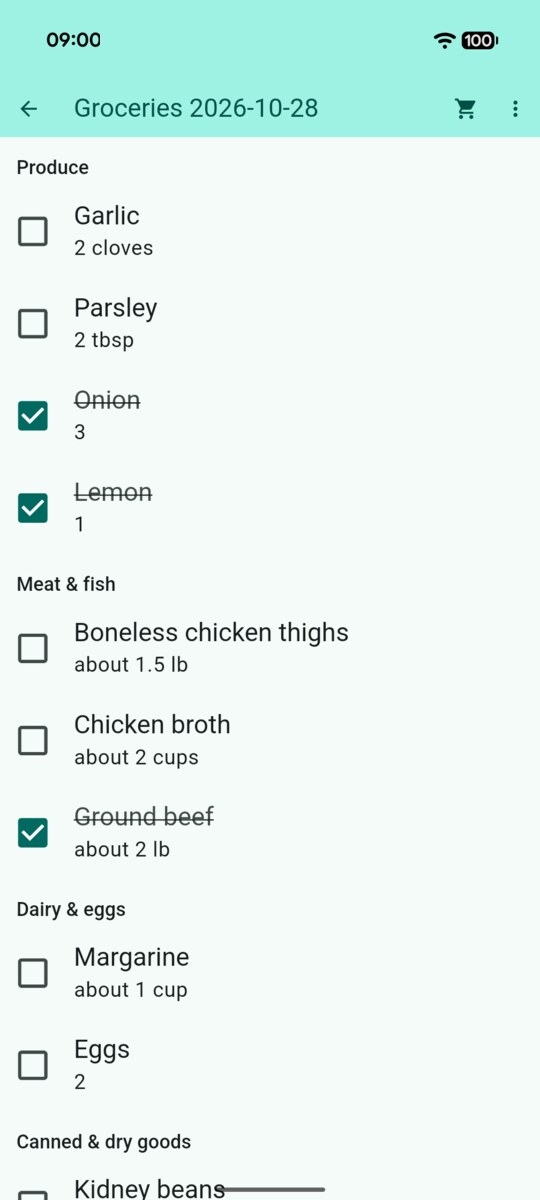 Shopping mode with large checkboxes, three items checked and struck through at the bottom of their aisles