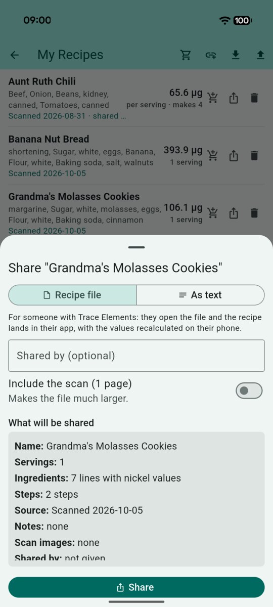 Share sheet for Grandma's Molasses Cookies with Recipe file and As text options, an optional Shared by name, an Include the scan switch, and a summary of what will be shared